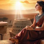 A captivating image of Francesca Stavrakopoulou in an archaeological site, surrounded by artifacts and ancient ruins, with a backdrop of the sun setting over the landscape. - Francesca Stavrakopoulou