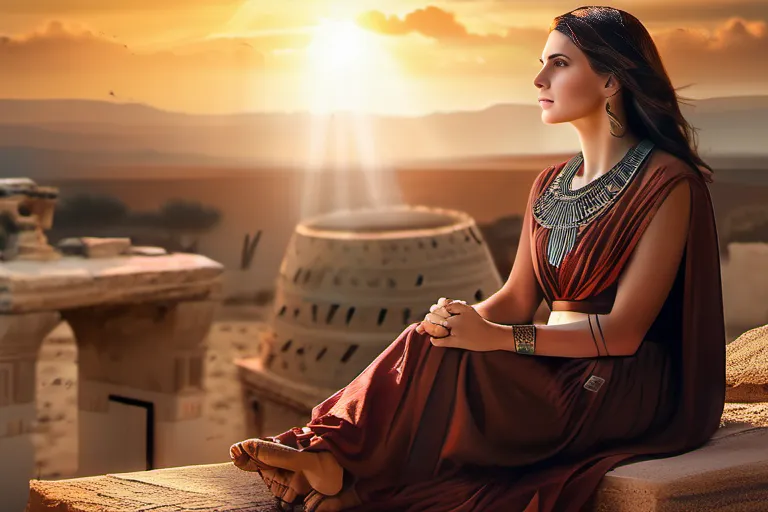 A captivating image of Francesca Stavrakopoulou in an archaeological site, surrounded by artifacts and ancient ruins, with a backdrop of the sun setting over the landscape. - Francesca Stavrakopoulou