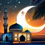 A beautiful mosque at sunset with the crescent moon and star symbolizing Islam in the sky - Islam beliefs