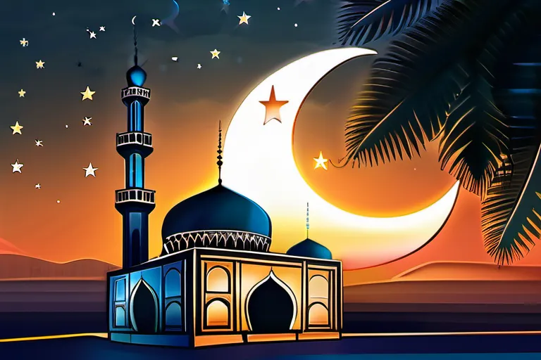 A beautiful mosque at sunset with the crescent moon and star symbolizing Islam in the sky - Islam beliefs