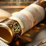 A beautifully illustrated image of a scroll or book with Arabic calligraphy representing Hadith. - Islamic Hadith