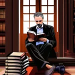 An image depicting a thoughtful Jordan Peterson with a book titled 'Religion' in the background. - Jordan Peterson Religion