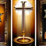 A beautifully illustrated triptych depicting symbols from Judaism, Christianity, and Islam. - Abrahamic faiths