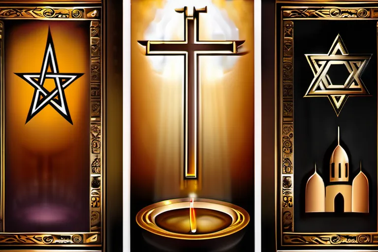 A beautifully illustrated triptych depicting symbols from Judaism, Christianity, and Islam. - Abrahamic faiths