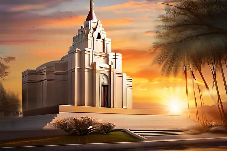 A serene image of a temple with the sun setting behind it, symbolizing the enduring nature of Mormon faith. - Mormon Doctrine