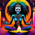 A vibrant and colorful image featuring Voodoo symbols such as a loa (spirit) figure, drums, and candles. - Voodoo Religion