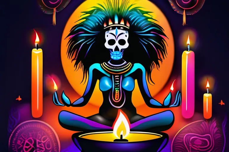 A vibrant and colorful image featuring Voodoo symbols such as a loa (spirit) figure, drums, and candles. - Voodoo Religion