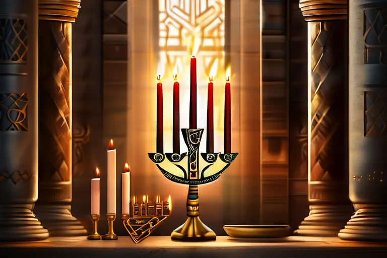 A stylized depiction of an ancient temple with a menorah and Torah scrolls. - Yahweh Religion