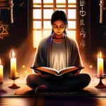 A serene image of a person meditating with a book open to a page about faith, surrounded by candles and symbols of various religions. - faith virtue