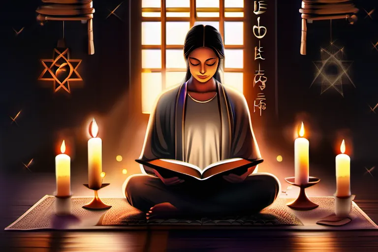 A serene image of a person meditating with a book open to a page about faith, surrounded by candles and symbols of various religions. - faith virtue