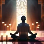 A serene image of a person meditating in a place of worship, symbolizing the connection between religion, personal growth, and finding meaning. - religion, meaningful life, personal values, purpose, community