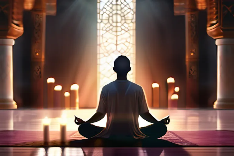 A serene image of a person meditating in a place of worship, symbolizing the connection between religion, personal growth, and finding meaning. - religion, meaningful life, personal values, purpose, community