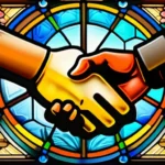 A stained-glass window depicting a handshake between two figures, symbolizing peace amidst religious differences. - religion wars