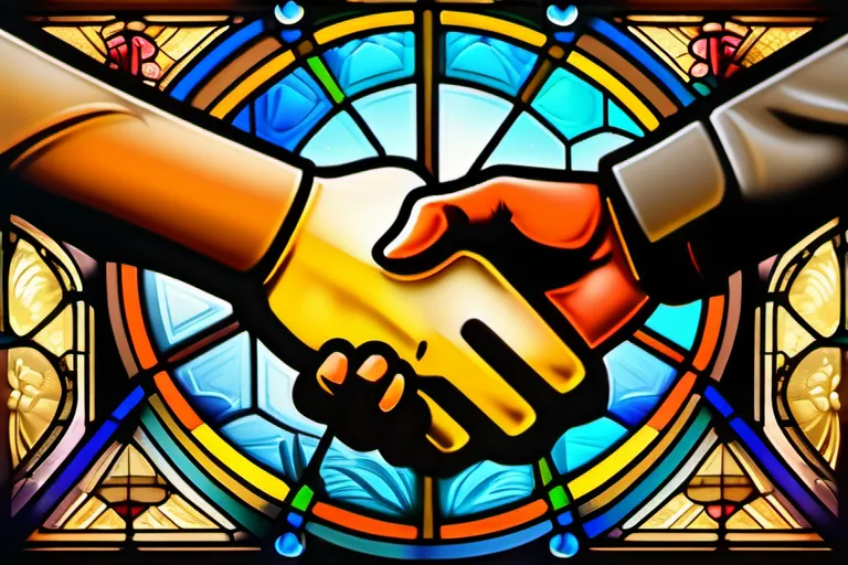 A stained-glass window depicting a handshake between two figures, symbolizing peace amidst religious differences. - religion wars