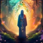 A mystical, glowing figure standing in a serene forest, surrounded by swirling colors and symbols representing various religions. - religious experience evidence god