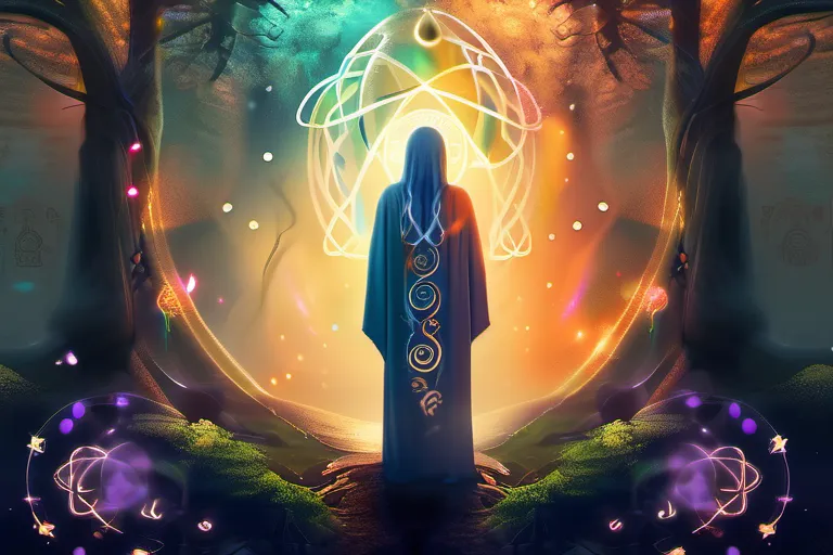 A mystical, glowing figure standing in a serene forest, surrounded by swirling colors and symbols representing various religions. - religious experience evidence god