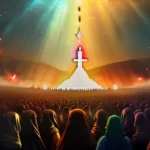 A dynamic, colorful image depicting a balance between a peaceful religious gathering and a turbulent crowd, symbolizing the dual nature of religious fundamentalism. - religious fundamentalism dangerous