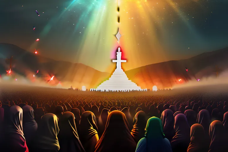 A dynamic, colorful image depicting a balance between a peaceful religious gathering and a turbulent crowd, symbolizing the dual nature of religious fundamentalism. - religious fundamentalism dangerous