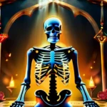 A haunting image of a skeleton with glowing eyes, symbolizing death, standing against a backdrop of various religious symbols. - fear of death, religious belief, afterlife