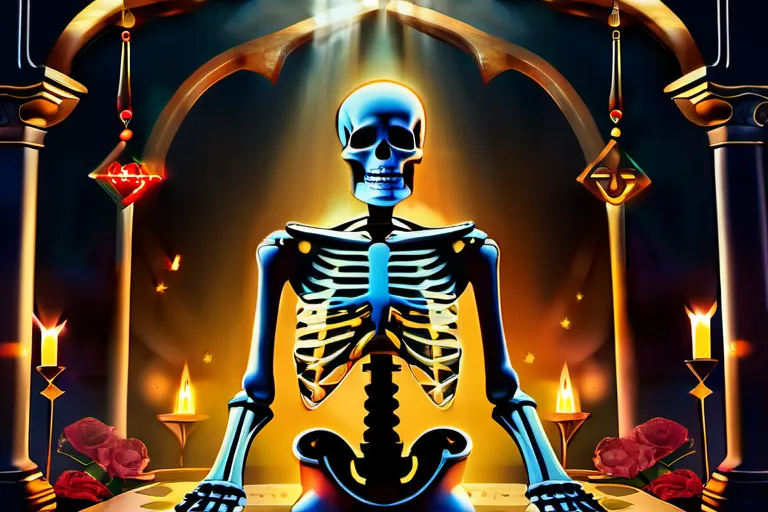 A haunting image of a skeleton with glowing eyes, symbolizing death, standing against a backdrop of various religious symbols. - fear of death, religious belief, afterlife