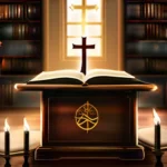 A dynamic image depicting a classroom with religious symbols intertwined with books, symbolizing the intersection of faith and learning. - religion education conflict