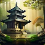 A serene image of a forest with a temple nestled within it, symbolizing the harmonious coexistence of nature and spirituality. - religion, environmentalism, coexistence, sustainability