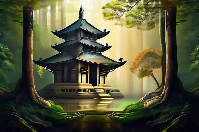 A serene image of a forest with a temple nestled within it, symbolizing the harmonious coexistence of nature and spirituality. - religion, environmentalism, coexistence, sustainability