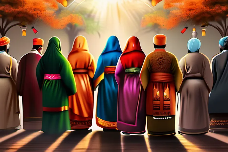 A vibrant, diverse crowd wearing traditional clothing from various religions and cultures, standing together in harmony. - religion fashion conflict