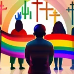 A diverse group of people standing together, with rainbow flags and religious symbols in the background. - religion, LGBTQ+ rights, conflict