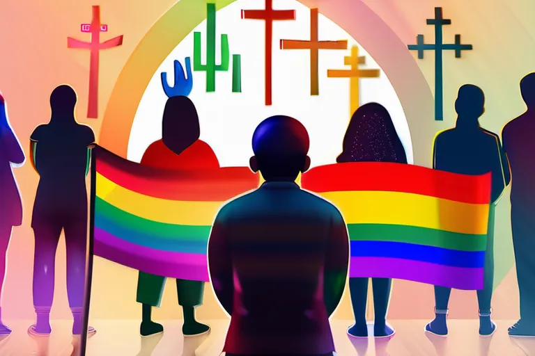 A diverse group of people standing together, with rainbow flags and religious symbols in the background. - religion, LGBTQ+ rights, conflict