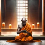 A monk using a smartphone in a modern temple setting, symbolizing the intersection of religion and technology - religion social media conflict