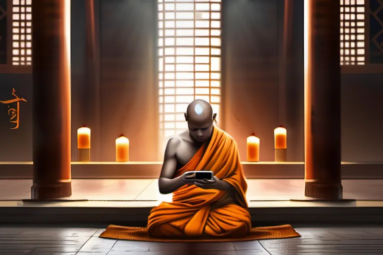 A monk using a smartphone in a modern temple setting, symbolizing the intersection of religion and technology - religion social media conflict