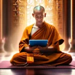 A serene image of a monk meditating on a tablet, symbolizing the harmonious blend of spirituality and technology. - religion technology conflict