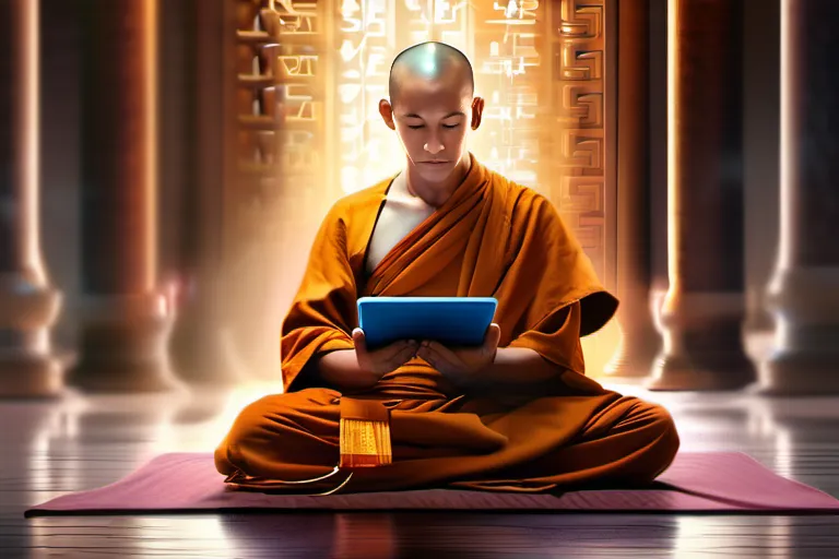 A serene image of a monk meditating on a tablet, symbolizing the harmonious blend of spirituality and technology. - religion technology conflict