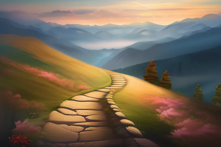 A serene mountain landscape with a path leading to the top symbolizing the journey to find meaning in life. - purpose of human existence