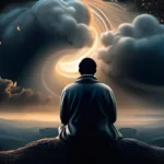 A contemplative figure in deep thought, surrounded by swirling clouds and a dark sky, symbolizing the complexities of the question at hand. - purpose of suffering