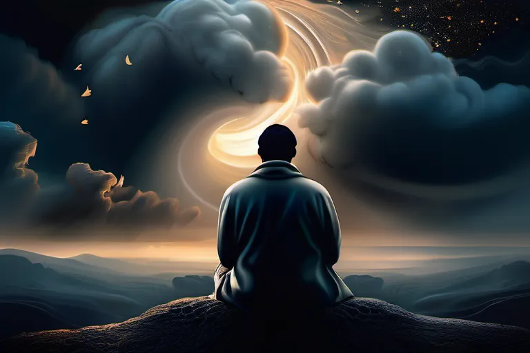 A contemplative figure in deep thought, surrounded by swirling clouds and a dark sky, symbolizing the complexities of the question at hand. - purpose of suffering