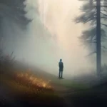 A serene image of a person standing at the edge of a misty forest, gazing into the unknown with a sense of wonder and curiosity. - life after death