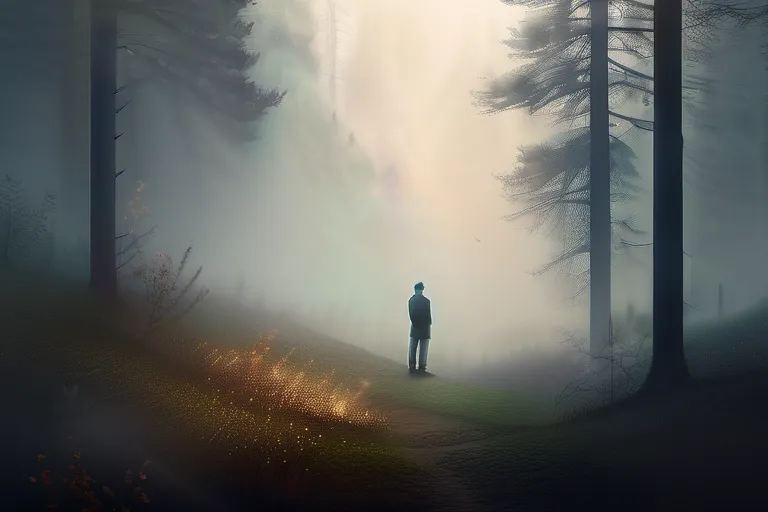 A serene image of a person standing at the edge of a misty forest, gazing into the unknown with a sense of wonder and curiosity. - life after death