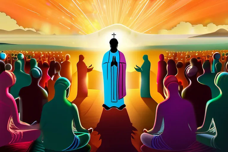 A vibrant, multicultural crowd gathered around a central figure symbolizing Religion and Society, with the earth as their backdrop. - ReligionSociety