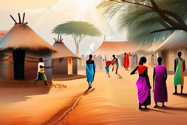 An image depicting a vibrant African village with people participating in religious rituals. - African Traditional Religions