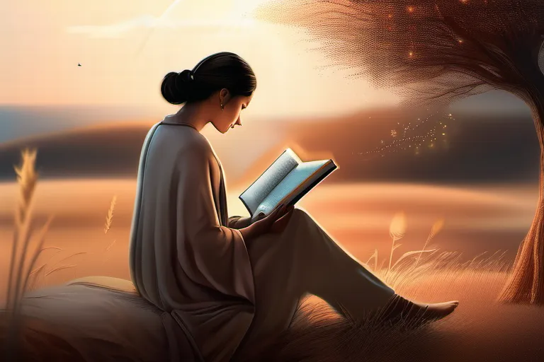 A serene scene featuring a person reading a book with an open parable on the page. - parables