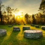 A serene forest scene at sunrise, with ancient stone circles and druids performing a ritual. - Druidry beliefs