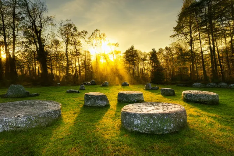 A serene forest scene at sunrise, with ancient stone circles and druids performing a ritual. - Druidry beliefs