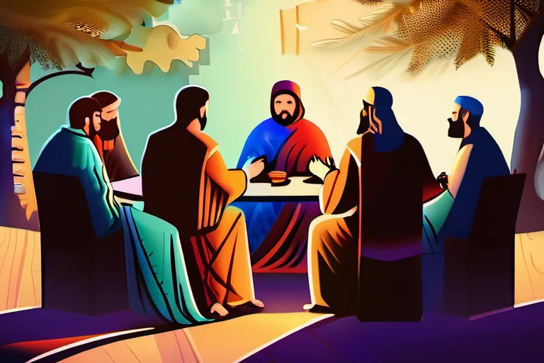 An illustration depicting a gathering of early Christians discussing theological debates in a vibrant, ancient setting - Arian Christianity