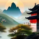 A serene image depicting a tranquil Chinese landscape with temples and mountains, symbolizing the harmony between nature and spirituality in Chinese religions. - Chinese Religions