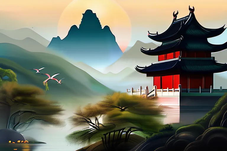 A serene image depicting a tranquil Chinese landscape with temples and mountains, symbolizing the harmony between nature and spirituality in Chinese religions. - Chinese Religions