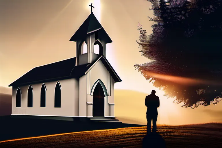 A serene image of a church with a cross and a silhouette of Chris Pratt praying inside. - Chris Pratt Religion