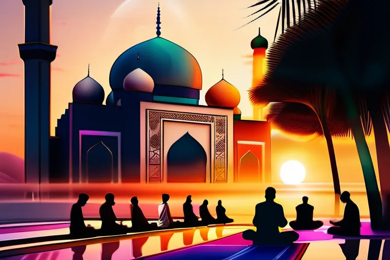 A vibrant mosque at sunset with a diverse group of people praying inside. - Islam, fastest growing religion, beliefs, practices, cultural aspects