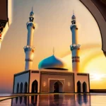 A serene mosque at sunset with the words 'Islamic Ethics' written in Arabic script. - Islamic ethics